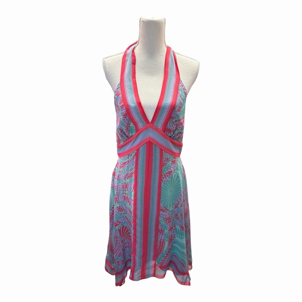 BCBGMAXAZRIA Dress Womens Size 12 Multicolor Geometric Halter Knee NWT